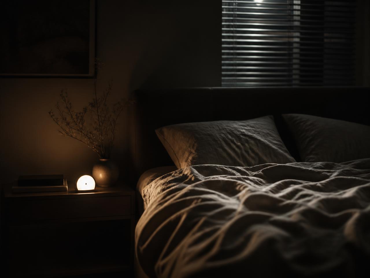 Donkere slaapkamer midden in de nacht met een zwak nachtlampje